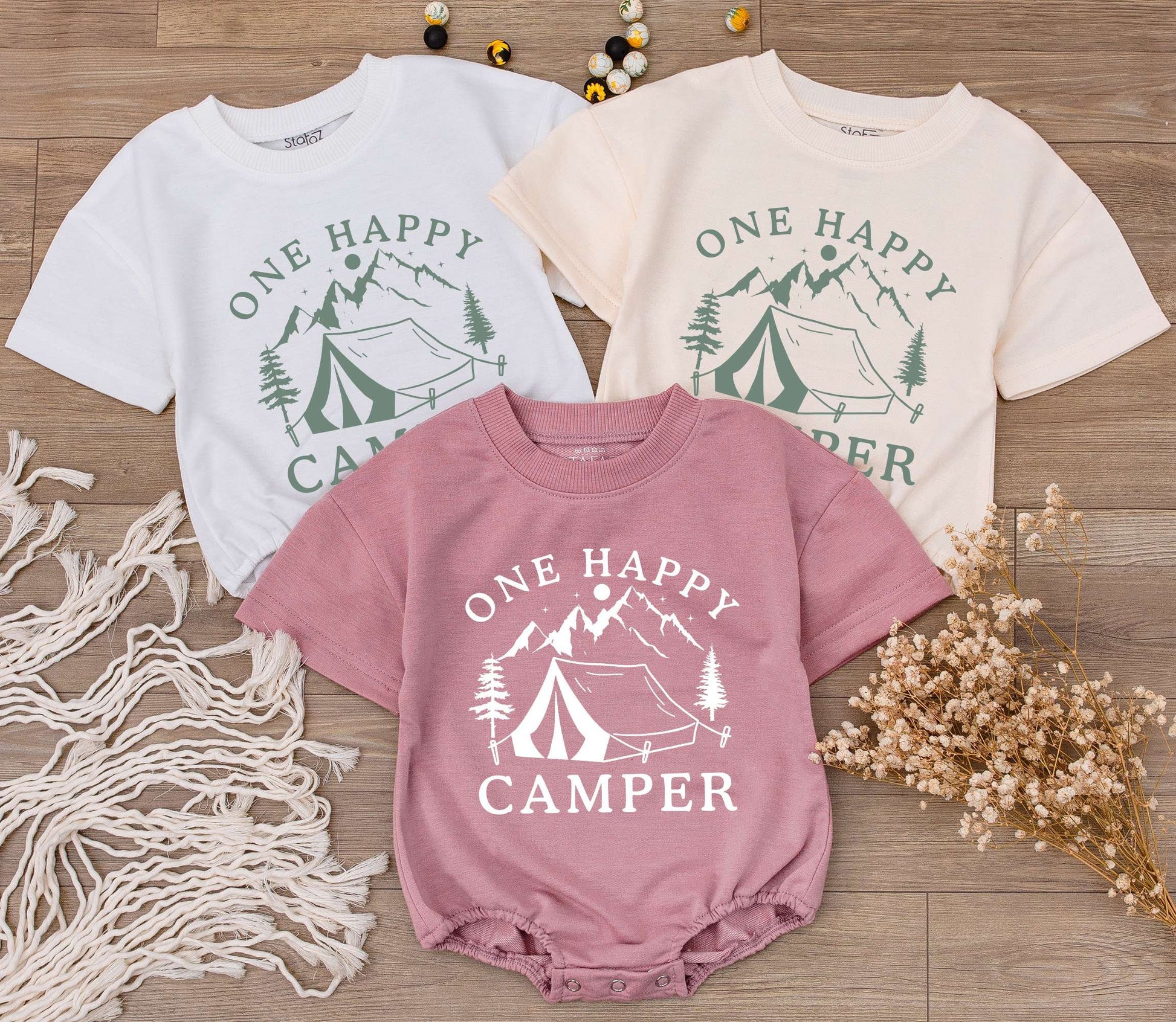 One Happy Camper Baby Romper: Muted Green Camping Design Newborn Bodysuit, 1st Birthday Outfit, Summer Party Clothes, Baby Shower Gift