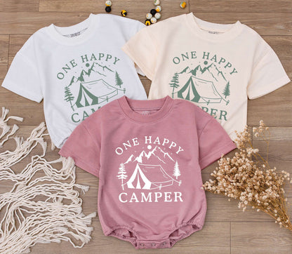 One Happy Camper Baby Romper: Muted Green Camping Design Newborn Bodysuit, 1st Birthday Outfit, Summer Party Clothes, Baby Shower Gift