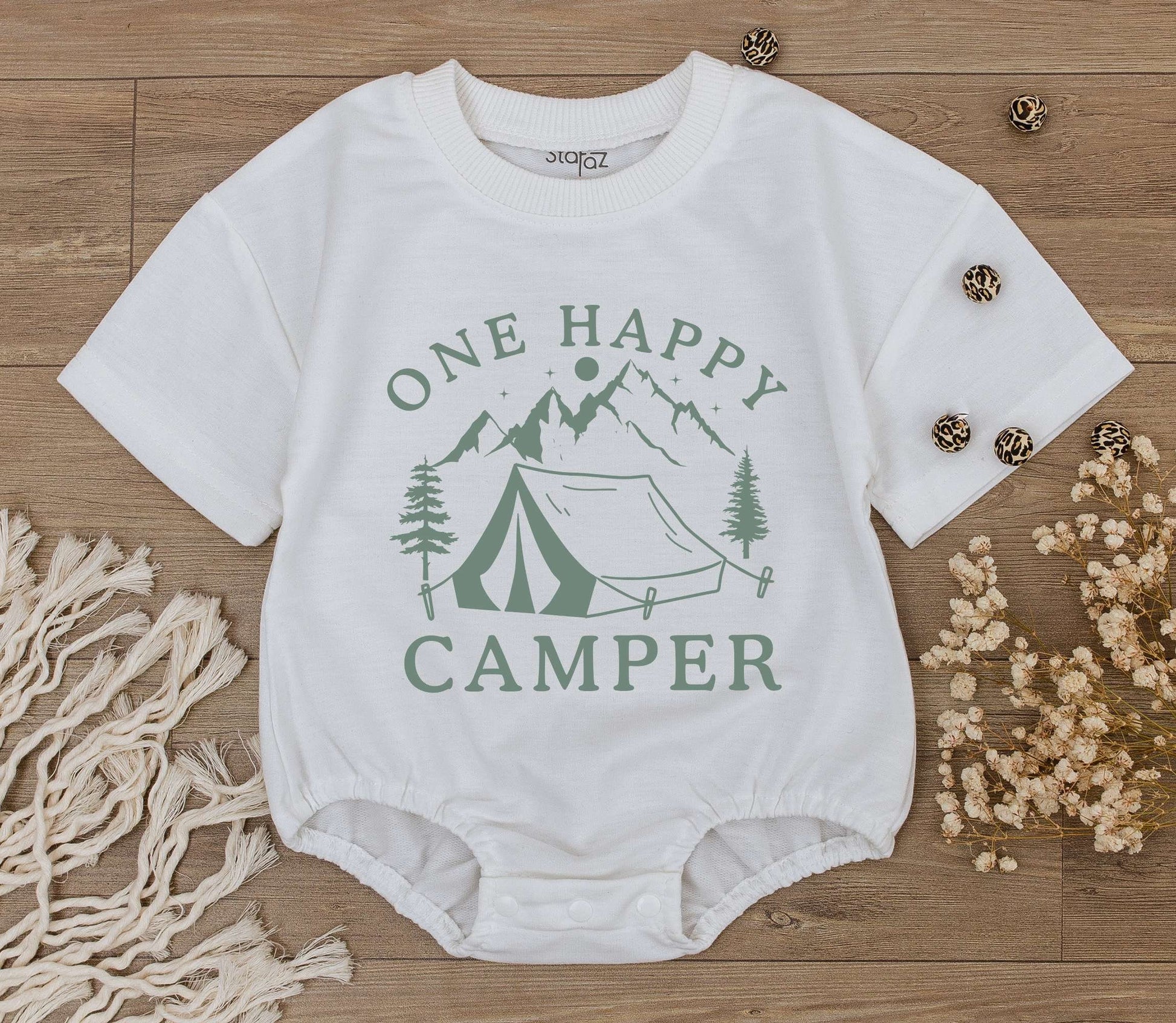 One Happy Camper Baby Romper: Muted Green Camping Design Newborn Bodysuit, 1st Birthday Outfit, Summer Party Clothes, Baby Shower Gift