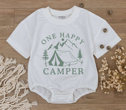 One Happy Camper Baby Romper: Muted Green Camping Design Newborn Bodysuit, 1st Birthday Outfit, Summer Party Clothes, Baby Shower Gift