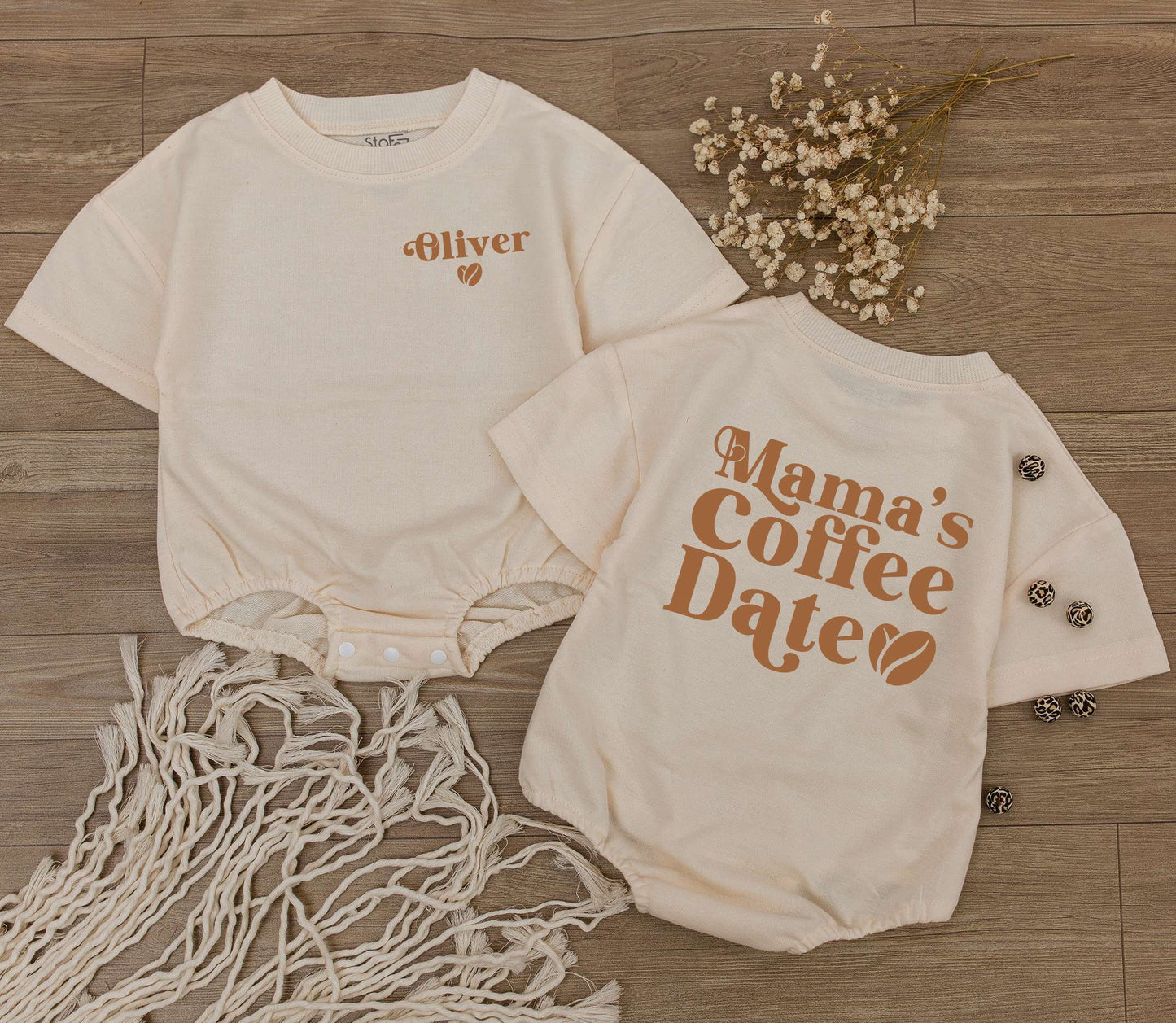 Retro Mama's Coffee Date Romper, Oliver's Coffee Bean Outfit, Baby Bodysuit, Light Mauve Newborn Clothes, Vintage Inspired Coming Home Outfit (139 chars)