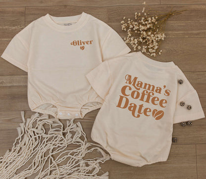 Retro Mama's Coffee Date Romper, Oliver's Coffee Bean Outfit, Baby Bodysuit, Light Mauve Newborn Clothes, Vintage Inspired Coming Home Outfit (139 chars)