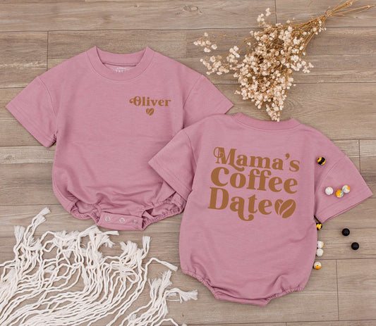 Retro Mama's Coffee Date Romper, Oliver's Coffee Bean Outfit, Baby Bodysuit, Light Mauve Newborn Clothes, Vintage Inspired Coming Home Outfit (139 chars)
