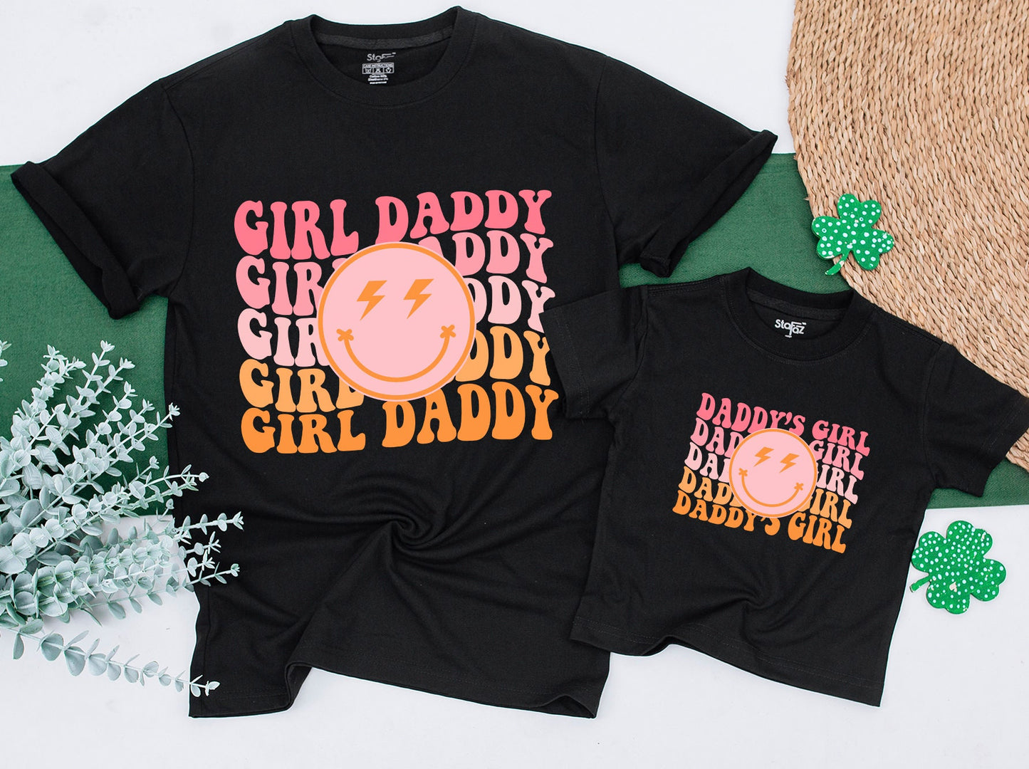 Personalized Girl Daddy Daddy's Girl Matching T-shirt and Romper Pink Orange Retro Smiley Face Family Outfits Soft Comfortable Cotton Gift