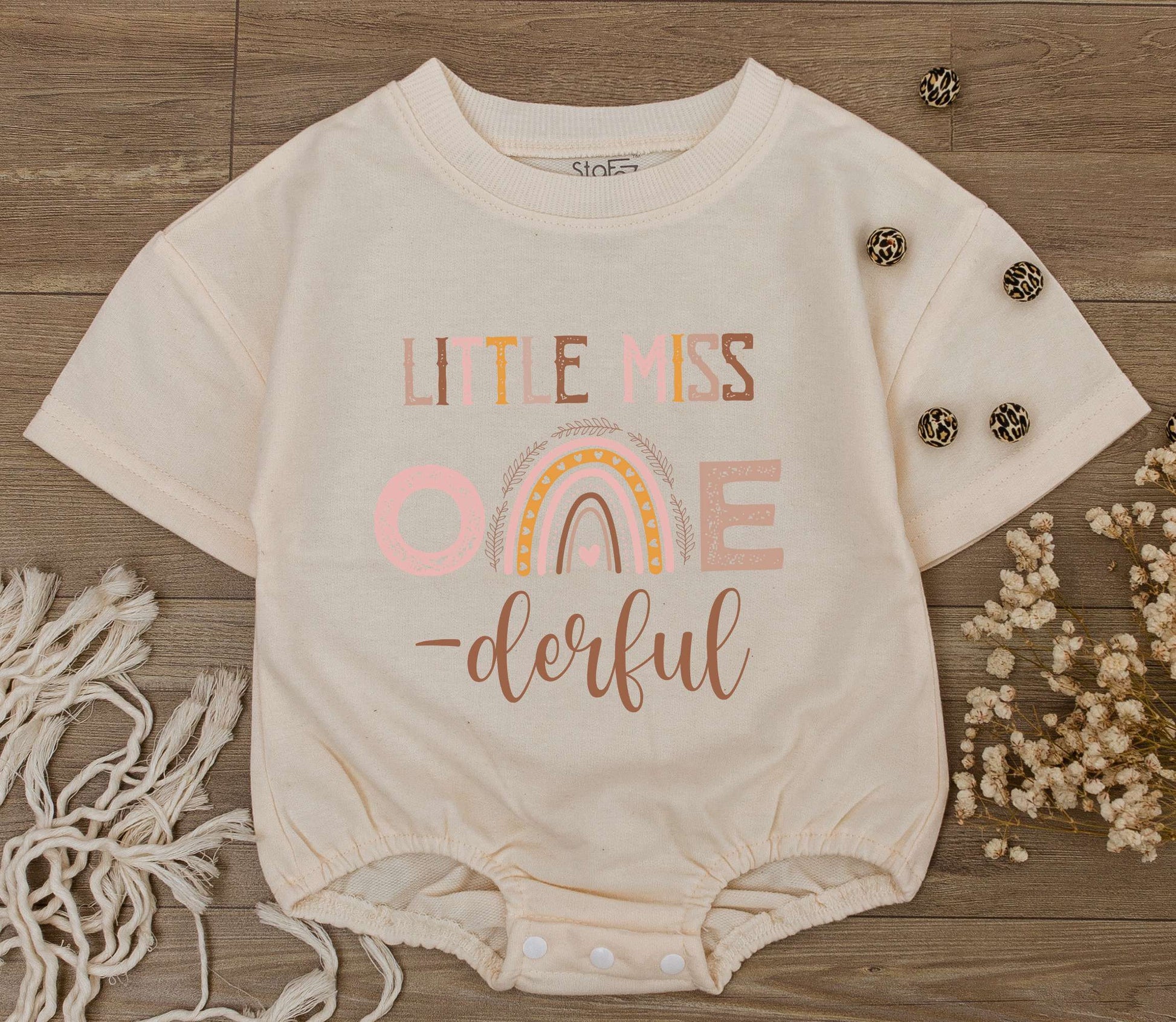 Little Miss ONE-derful Birthday Outfit Girl, Boho Rainbow Romper, First Birthday Cake Smash, Aunt Niece Gift, Muted Earth Tones, Playful Boho Style (140 chars)