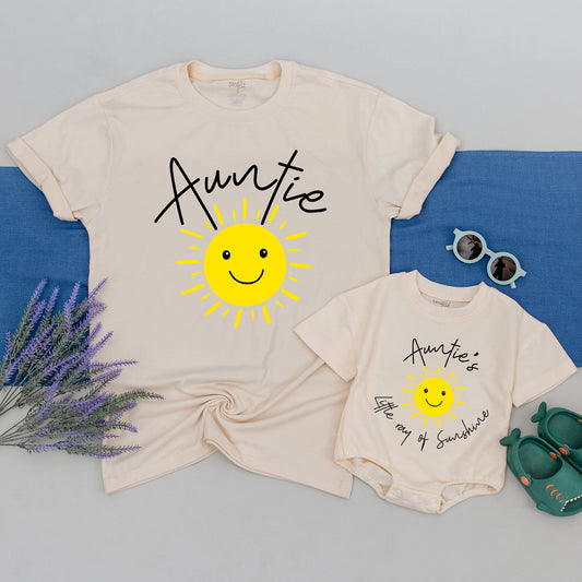Matching Auntie & Little Ray of Sunshine Shirts Yellow Smiling Sun Apparel Cheerful Family Niece Nephew Toddler Gift Hand-Drawn Design Set