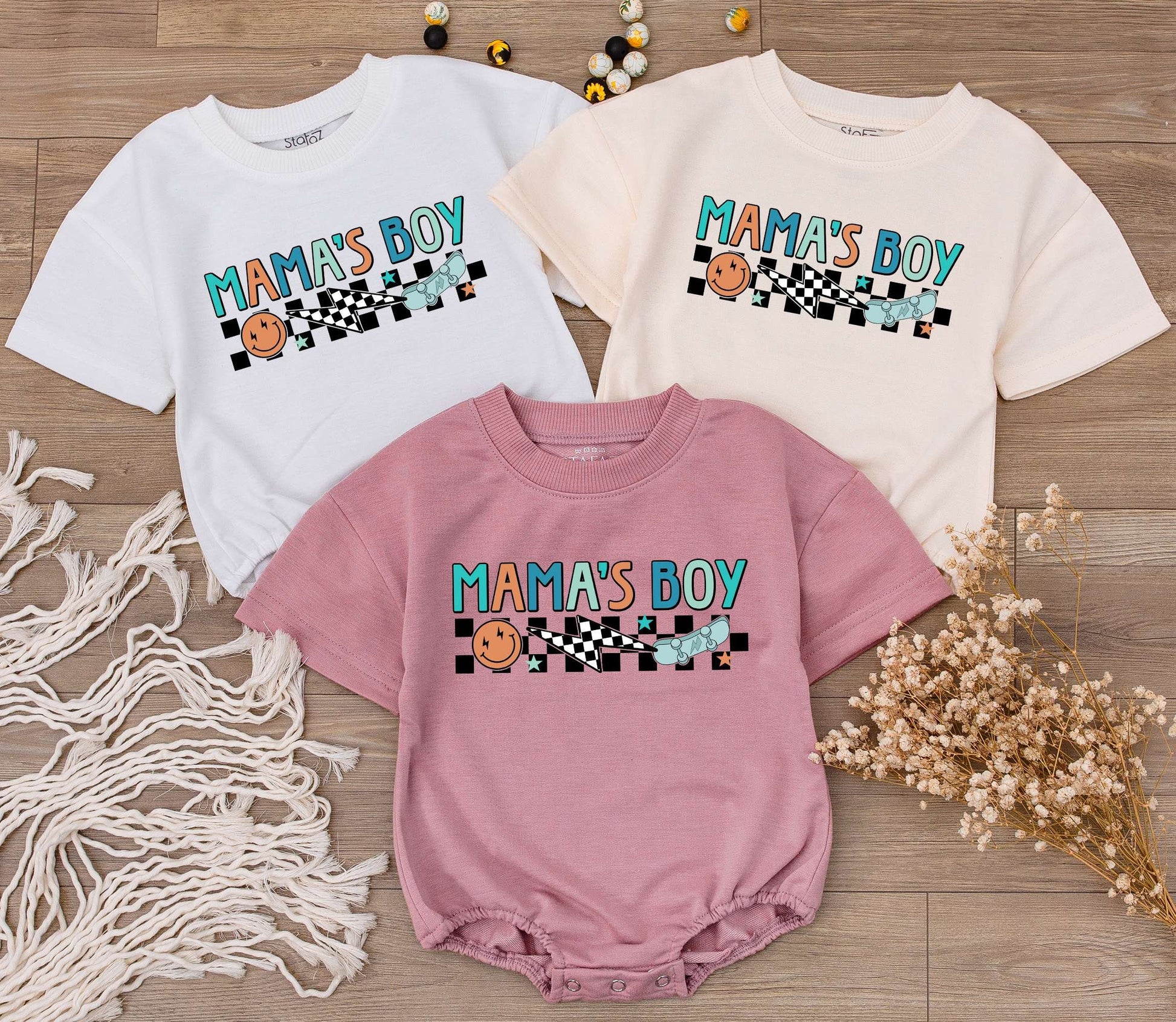 Mama's Boy Retro Baby Romper with Playful Checkerboard Smiley Face Skateboard Design in Teal Orange for Little Boys Soft Cotton Outfit