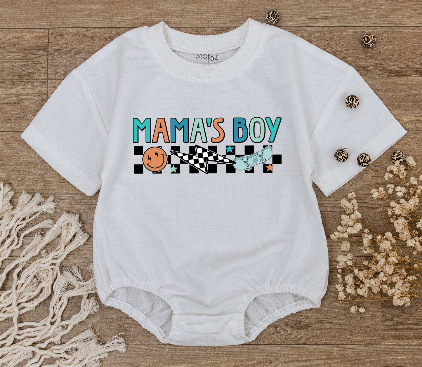 Mama's Boy Retro Baby Romper with Playful Checkerboard Smiley Face Skateboard Design in Teal Orange for Little Boys Soft Cotton Outfit