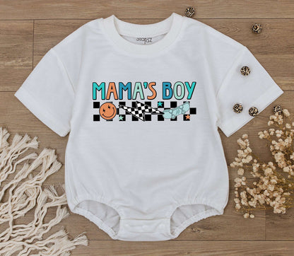 Mama's Boy Retro Baby Romper with Playful Checkerboard Smiley Face Skateboard Design in Teal Orange for Little Boys Soft Cotton Outfit
