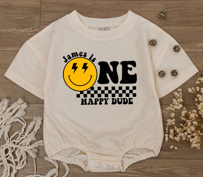 James/Lyla is ONE Happy Dude Birthday Bodysuit Yellow Smiley Face Lightning Eyes Checkerboard Retro Vintage Baby Clothes First Birthday Gift
