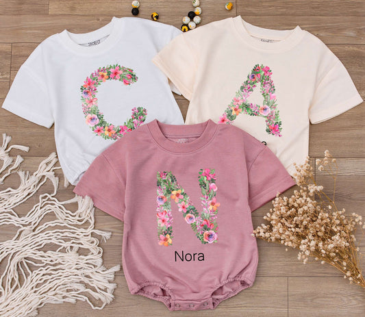 Custom Floral Letter Romper Zoey Theodore Sweet Vintage Baby Girl Gift Soft Watercolor Newborn Outfit Celebration