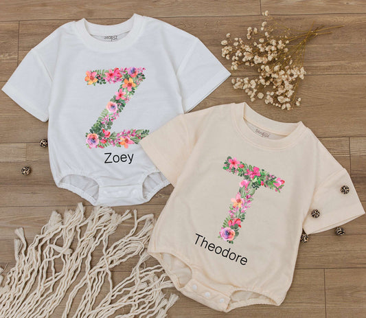 Custom Floral Letter Romper Zoey Theodore Sweet Vintage Baby Girl Gift Soft Watercolor Newborn Outfit Celebration