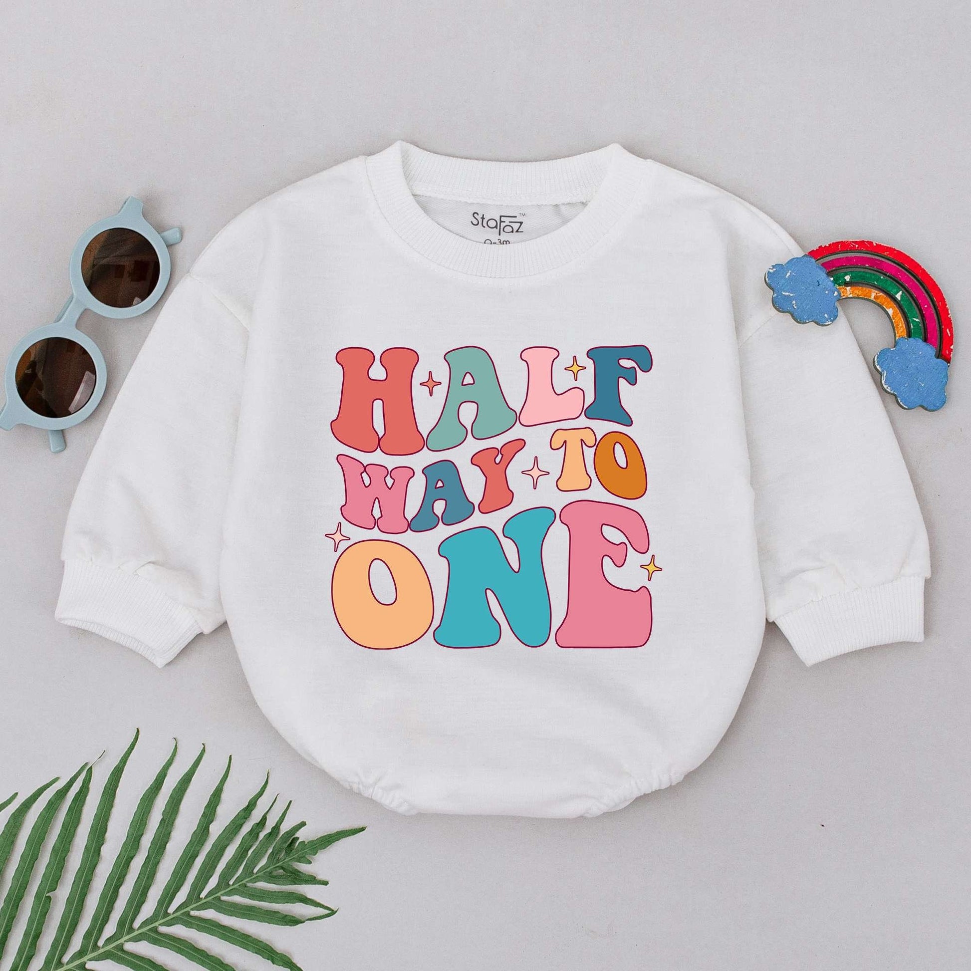 Half Way To One Romper Groovy Half Birthday Baby Girl Boy Outfit Retro Pastel Starburst Celebration Gift Soft Cotton Newborn Clothes