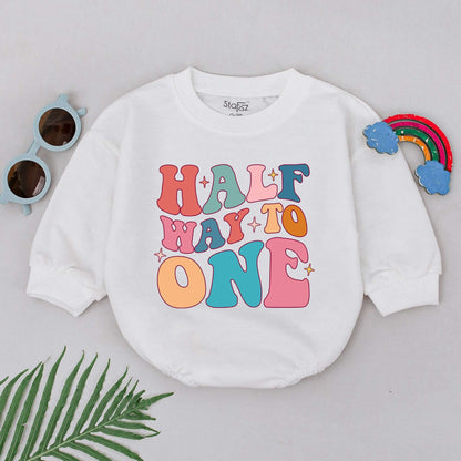 Half Way To One Romper Groovy Half Birthday Baby Girl Boy Outfit Retro Pastel Starburst Celebration Gift Soft Cotton Newborn Clothes