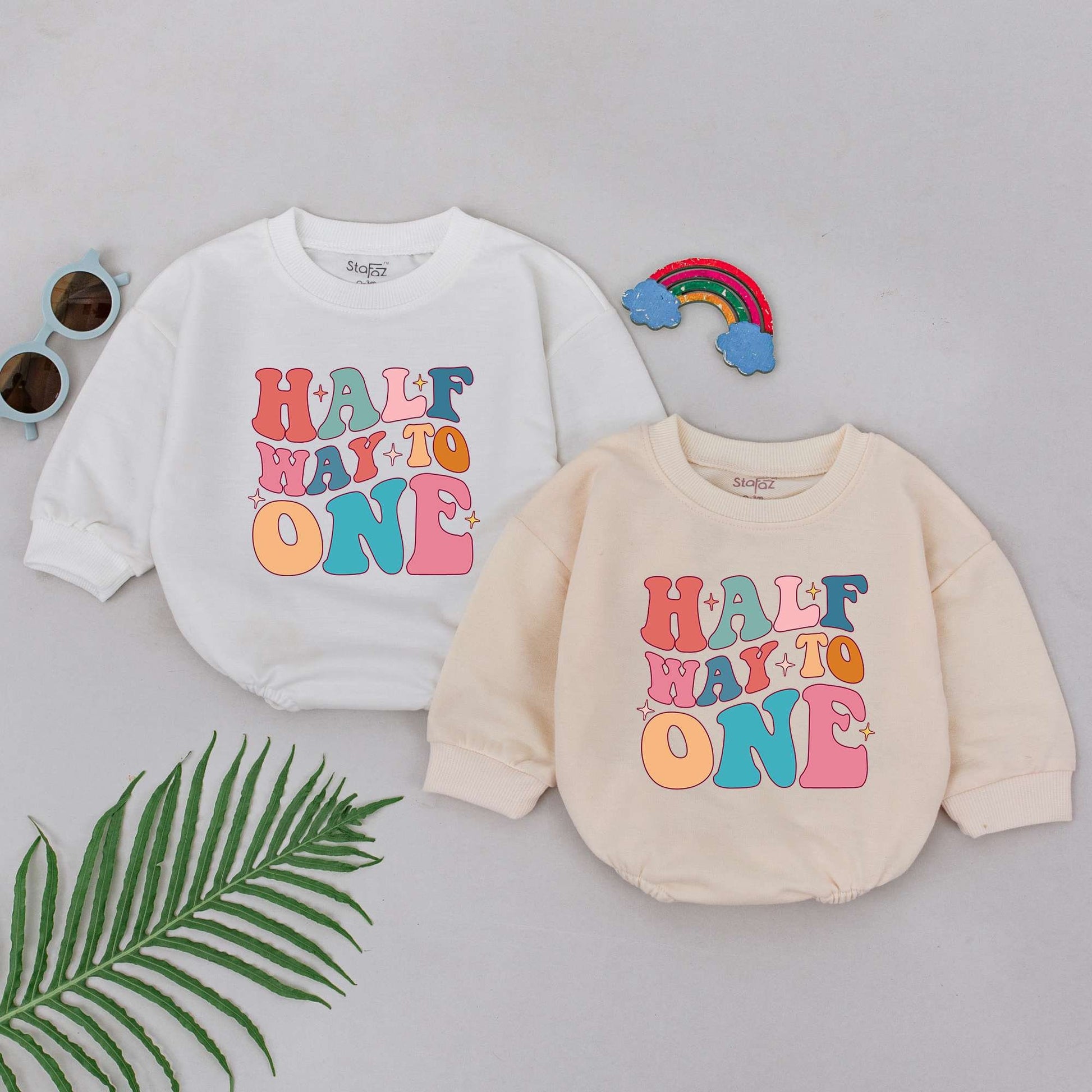 Half Way To One Romper Groovy Half Birthday Baby Girl Boy Outfit Retro Pastel Starburst Celebration Gift Soft Cotton Newborn Clothes