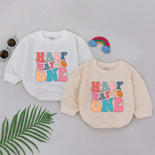 Half Way To One Romper Groovy Half Birthday Baby Girl Boy Outfit Retro Pastel Starburst Celebration Gift Soft Cotton Newborn Clothes