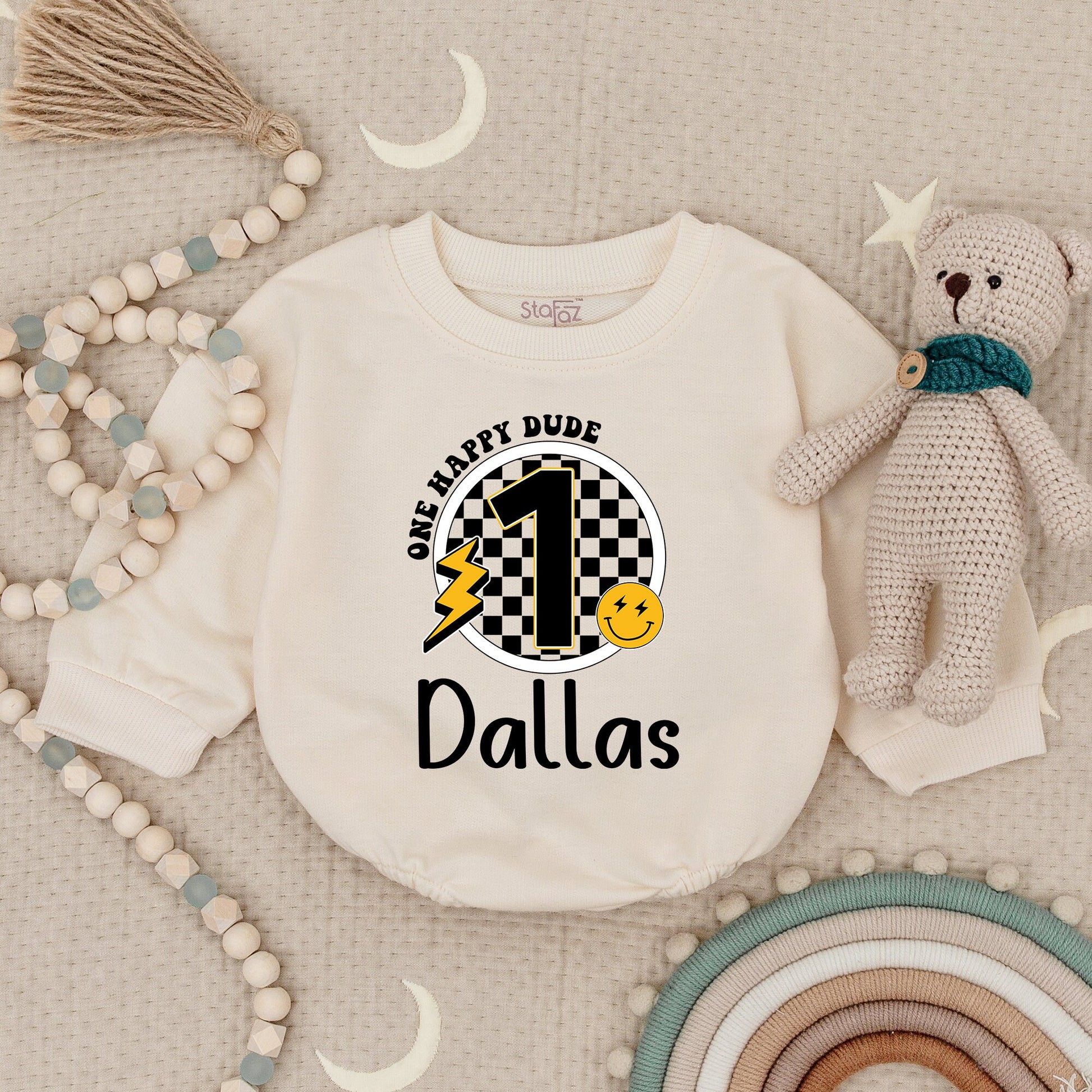 Custom Name One Happy Dude First Birthday Bodysuit Baby Boy Retro Groovy Checkered Smiley Face Outfit Dallas Lightning Bolt Gift