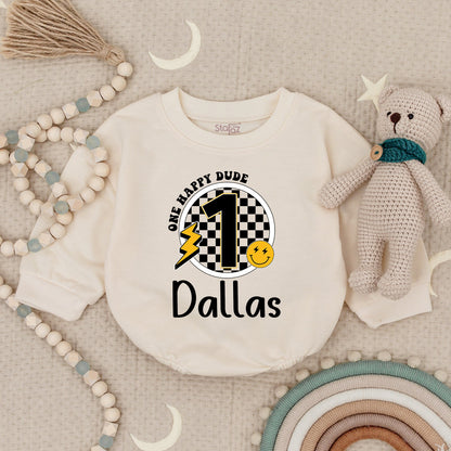 Custom Name One Happy Dude First Birthday Bodysuit Baby Boy Retro Groovy Checkered Smiley Face Outfit Dallas Lightning Bolt Gift