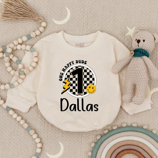 Custom Name One Happy Dude First Birthday Bodysuit Baby Boy Retro Groovy Checkered Smiley Face Outfit Dallas Lightning Bolt Gift