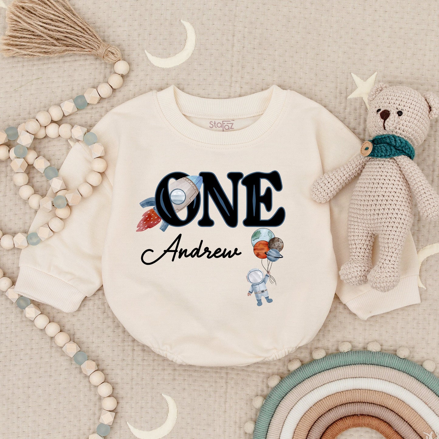 Personalized Space First Birthday Bubble Romper Sweatshirt with Andrew's Name Rocket ONE Astronaut Design for Baby Boy's First Trip Around The Sun