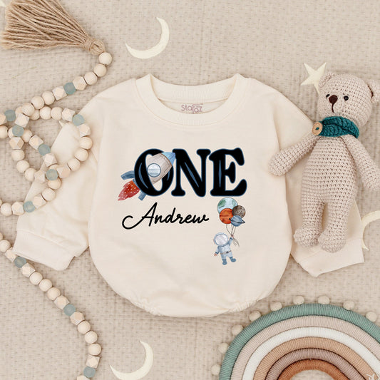 Personalized Space First Birthday Bubble Romper Sweatshirt with Andrew's Name Rocket ONE Astronaut Design for Baby Boy's First Trip Around The Sun