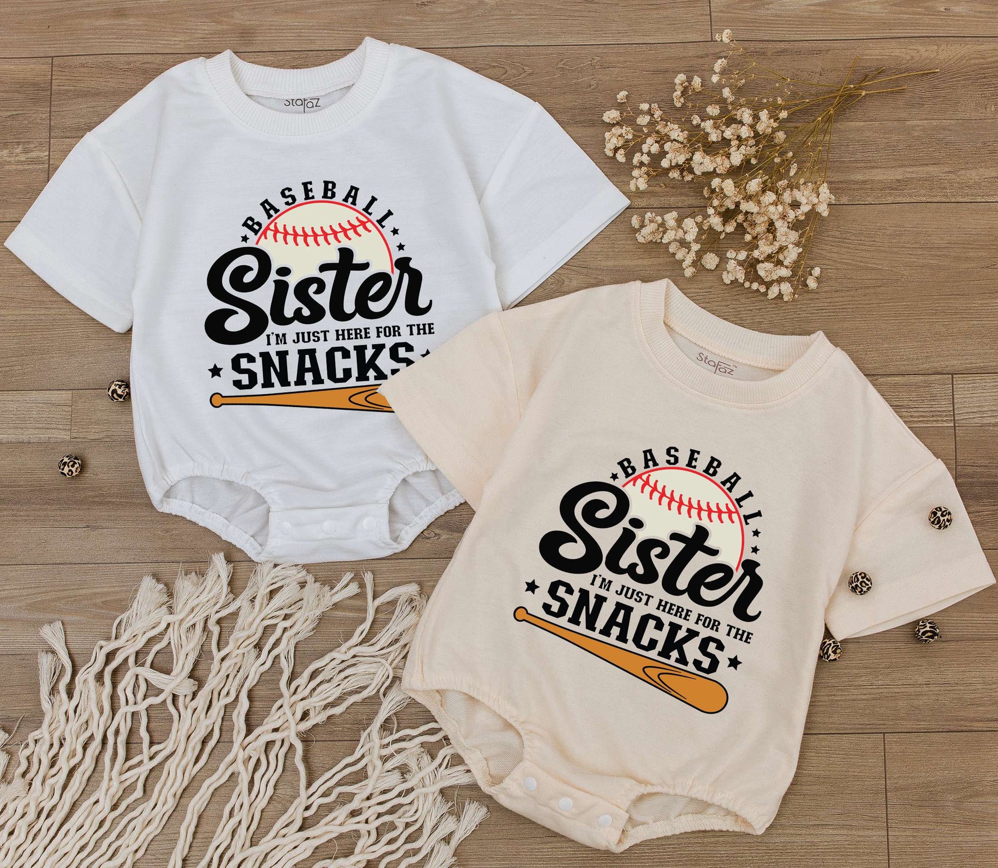 Baseball Sister Romper: I'm Just Here for the Snacks! Cute Baby Girl Game Day Outfit, Sporty Tee, Baseball Season Toddler Clothes (Black, White & Orange) 
