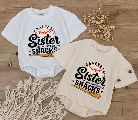 Baseball Sister Romper: I'm Just Here for the Snacks! Cute Baby Girl Game Day Outfit, Sporty Tee, Baseball Season Toddler Clothes (Black, White & Orange) 