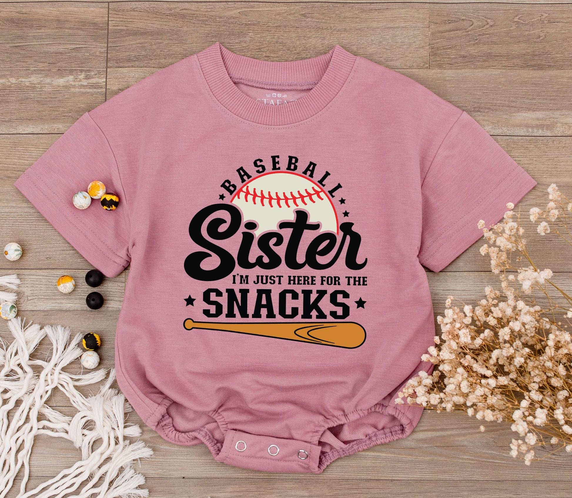 Baseball Sister Romper: I'm Just Here for the Snacks! Cute Baby Girl Game Day Outfit, Sporty Tee, Baseball Season Toddler Clothes (Black, White & Orange) 