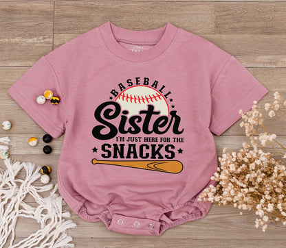 Baseball Sister Romper: I'm Just Here for the Snacks! Cute Baby Girl Game Day Outfit, Sporty Tee, Baseball Season Toddler Clothes (Black, White & Orange) 