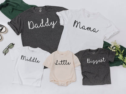 Big Middle Little Sibling Shirts Matching Family Tees for Daddy Mama Announcement Baby Romper Toddler Outfit Biggest