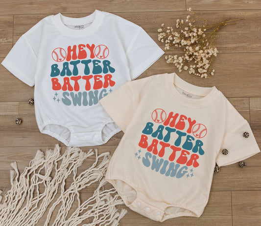 Hey Batter Batter Baby Romper Set Retro Baseball Outfit for Newborn Girl or Boy Cute Game Day Sport Jumpsuit First Birthday Outfit Gift Idea (137 chars)