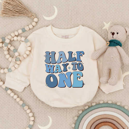 Retro Half Way To One Birthday Romper Blue Stars Outfit for Baby Boy Fun 1/2 Birthday Gift