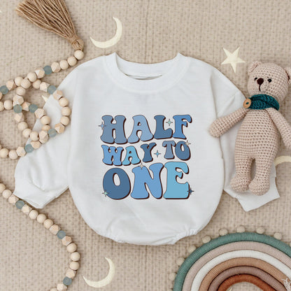 Retro Half Way To One Birthday Romper Blue Stars Outfit for Baby Boy Fun 1/2 Birthday Gift