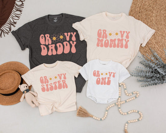 Groovy One Family Birthday Shirts Retro Pink Daisy Design Mommy and Me 1st 2nd Birthday Tees