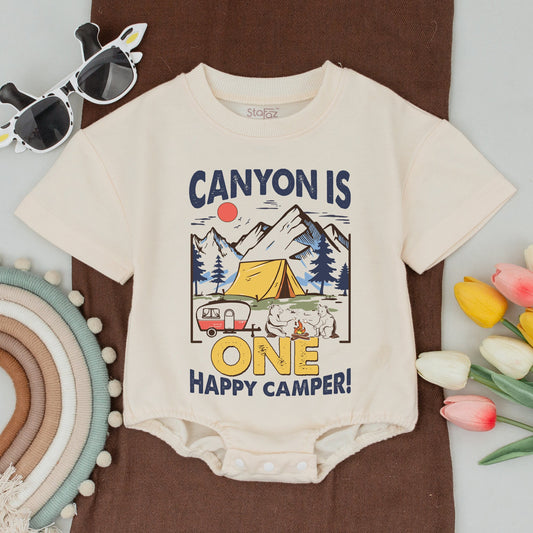 Personalized One Happy Camper Romper First Birthday Boy Outfit Vintage Camping Bears Navy Blue Yellow Red Adventure Baby Bodysuit Summer Gift