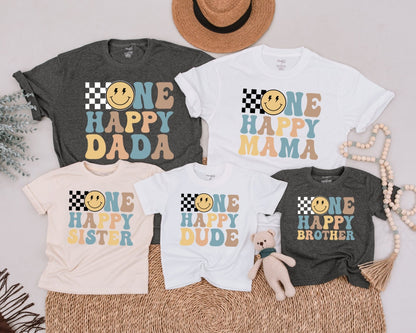 One Happy Dude Birthday Shirt Retro Checkerboard Smiley Face Family Matching 70s Style Outfit for Boys First Birthday Celebration