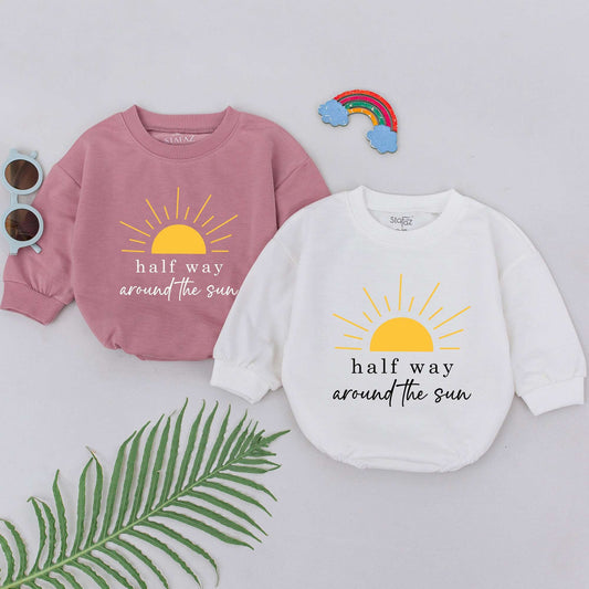 Golden Sun Half Way Around The Sun Romper 6 Month Half Birthday Baby Outfit Boys Girls Soft Organic Cotton Newborn Gift Idea