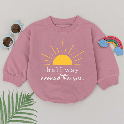 Golden Sun Half Way Around The Sun Romper 6 Month Half Birthday Baby Outfit Boys Girls Soft Organic Cotton Newborn Gift Idea