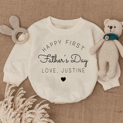 Happy First Father's Day Baby Bodysuit, Personalized with Name Love, Minimalist Infant Romper, Cute New Dad Gift, Soft Cotton Clothes (135 chars)