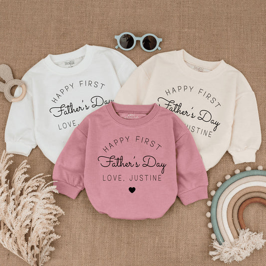 Happy First Father's Day Baby Bodysuit, Personalized with Name Love, Minimalist Infant Romper, Cute New Dad Gift, Soft Cotton Clothes (135 chars)