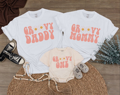 Groovy One Family Birthday Shirts Retro Pink Daisy Design Mommy and Me 1st 2nd Birthday Tees