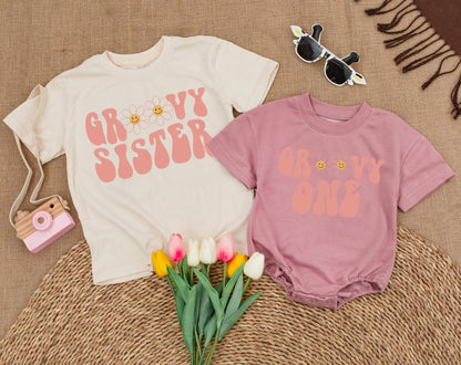 Groovy One Family Birthday Shirts Retro Pink Daisy Design Mommy and Me 1st 2nd Birthday Tees