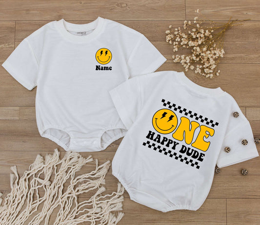 Custom One Happy Dude Birthday Romper: Retro Smiley Face Baby Outfit with Lightning Eyes, Personalized Bodysuit, Black & Yellow Checkered 1st B-Day Gift