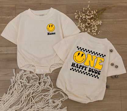 Custom One Happy Dude Birthday Romper: Retro Smiley Face Baby Outfit with Lightning Eyes, Personalized Bodysuit, Black & Yellow Checkered 1st B-Day Gift