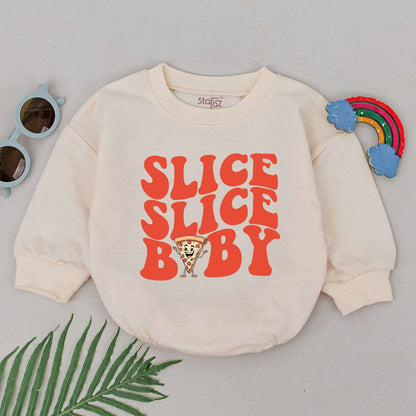 Slice Slice Baby Romper Cute Cartoon Pizza Slice Retro Font Foodie Gift for Baby Boys Girls Newborn