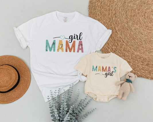Retro Mama and Mama's Girl Matching Shirts Vintage Teal Yellow Orange Pink Distressed Design Mother Daughter Outfits Comfortable Baby Romper Cute Mom Gift