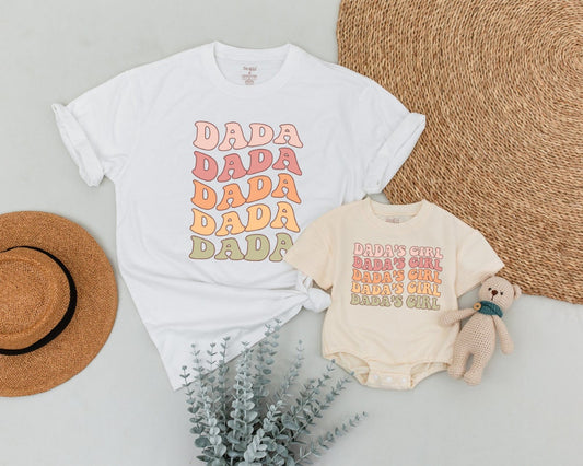 Retro Dada & Dada's Girl Matching Shirts, Bubble Font Father's Day Outfit, Vintage Style Dad & Baby Set, Playful First Daddy's Girl Gift