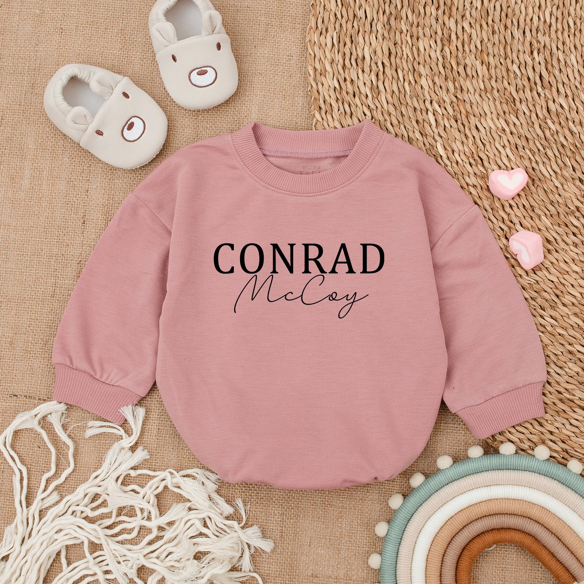 Oversized Custom Name Baby Romper Bubble Romper Modern Blue Baby Sweatshirt with Bold & Cursive Text Personalized Gift for Infants