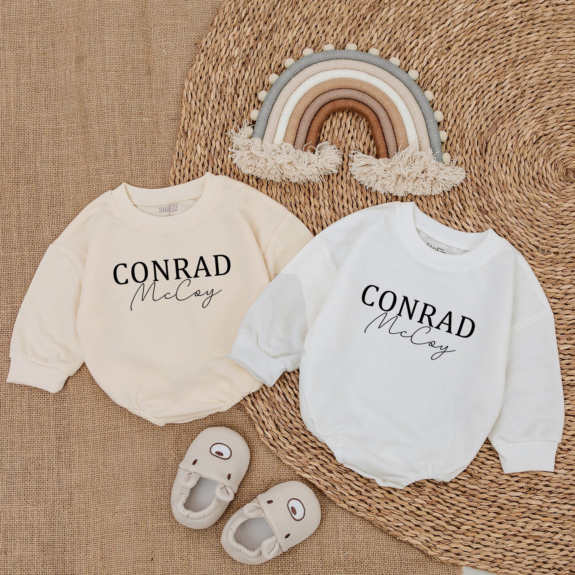 Oversized Custom Name Baby Romper Bubble Romper Modern Blue Baby Sweatshirt with Bold & Cursive Text Personalized Gift for Infants