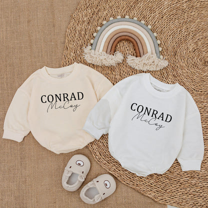 Oversized Custom Name Baby Romper Bubble Romper Modern Blue Baby Sweatshirt with Bold & Cursive Text Personalized Gift for Infants